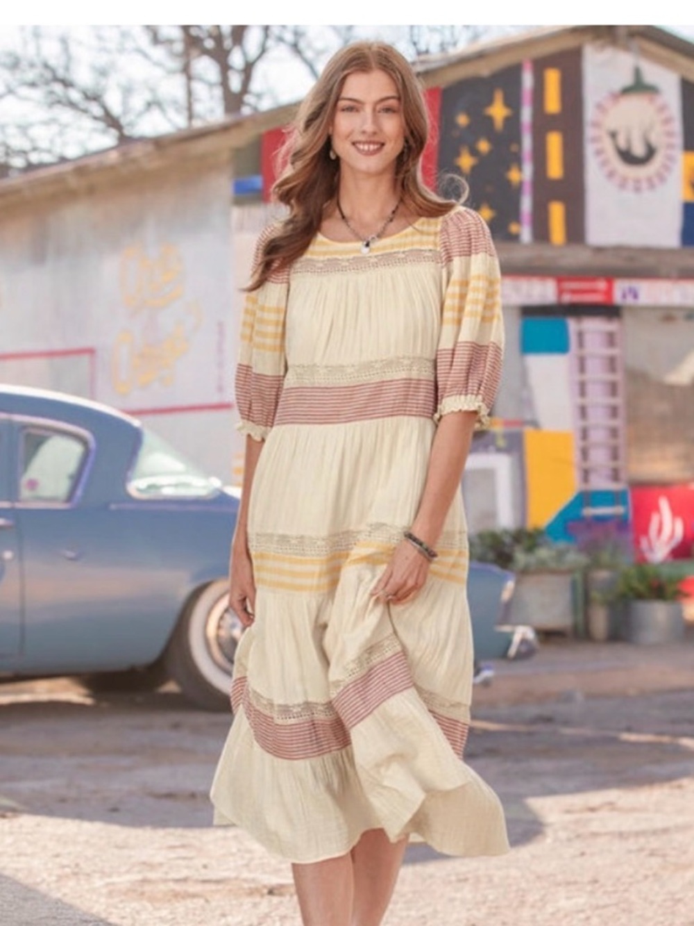 Sundance Cara Belle Midi  Dress Tiered Lace Insets Cotton Casual Size Medium
